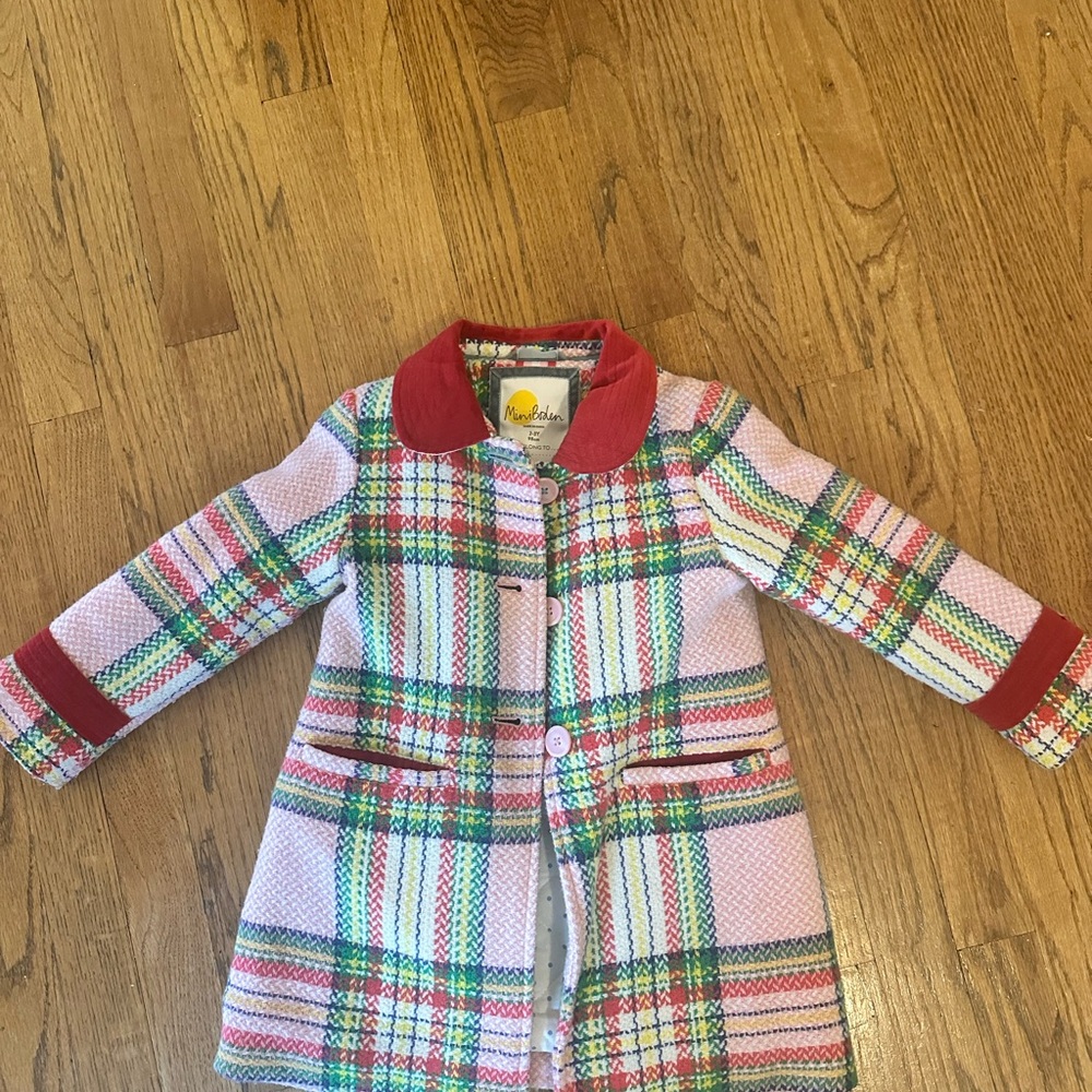 Mini Boden Plaid girls Coat with Red Accents